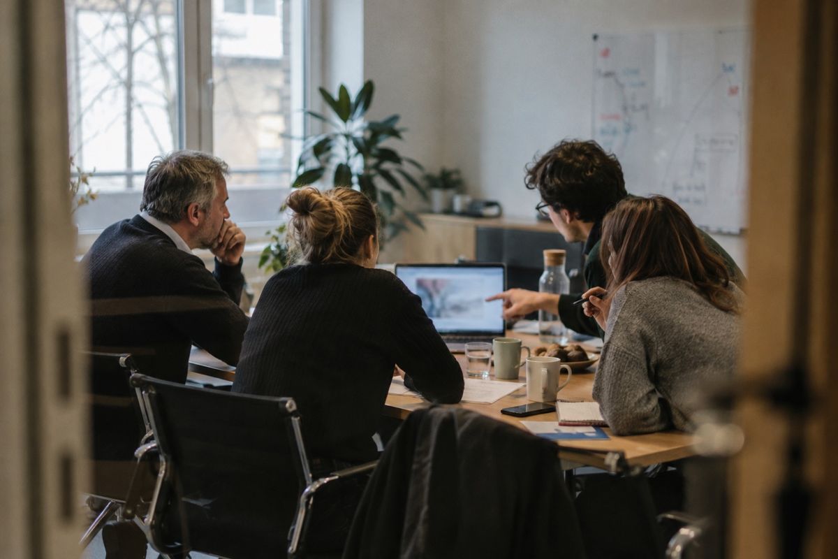 Symbolbild: Vier Kolleginnen und Kollegen sitzen in einem Besprechungsraum um einen Laptop, einer zeigt auf den Bildschirm, dahinter ein beschriebenes Whiteboard